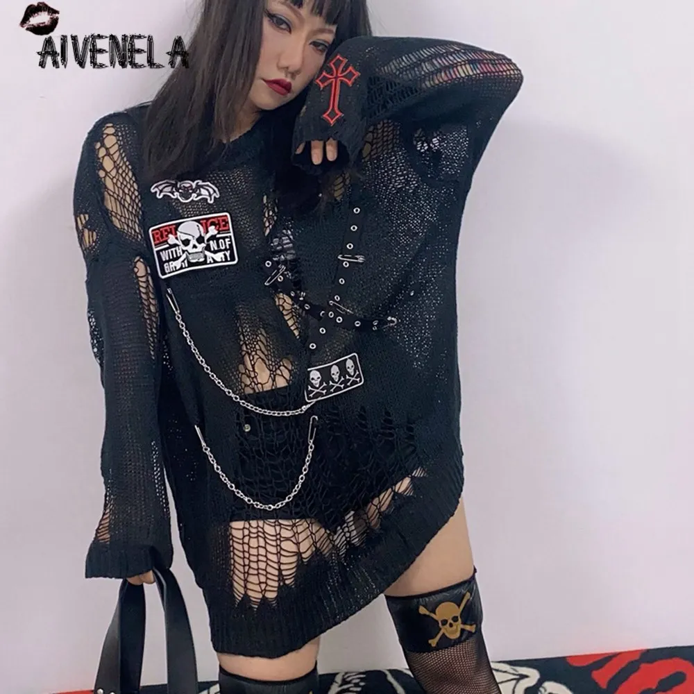 Женский свитер в стиле Харадзюку готический трикотажный панк-рок с крупными