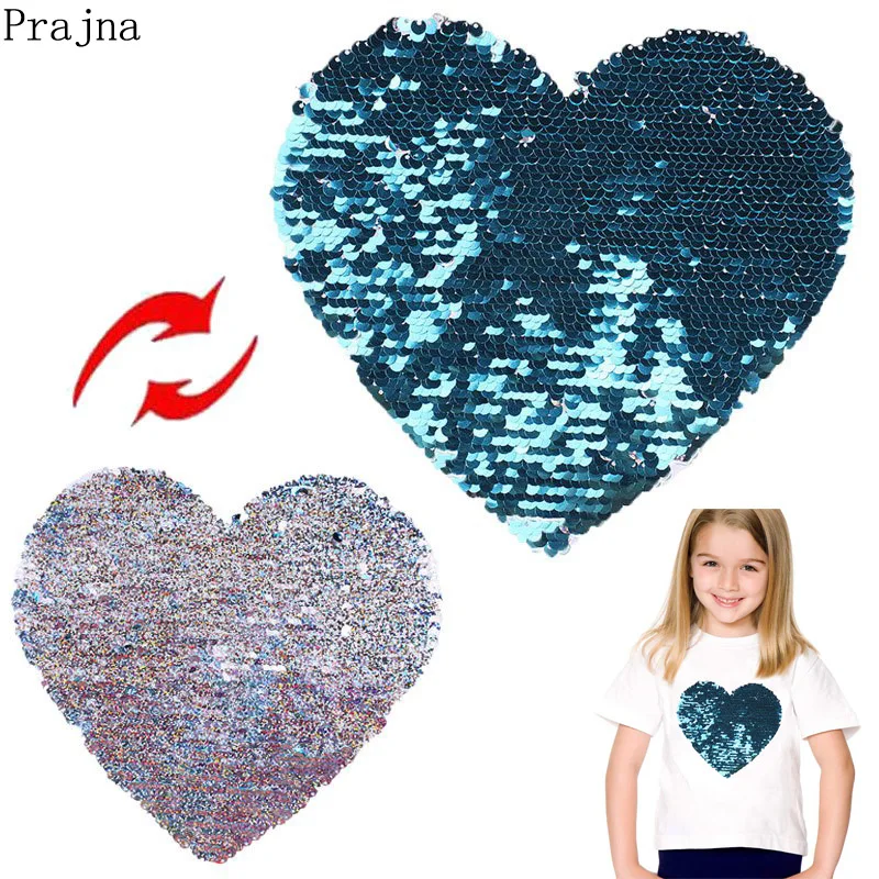 

Prajna Love Heart Patch Reversible Sequin Patches For Clothing Sew On Embroidered Patches Stickers Stripes On Clothes Kids DIY