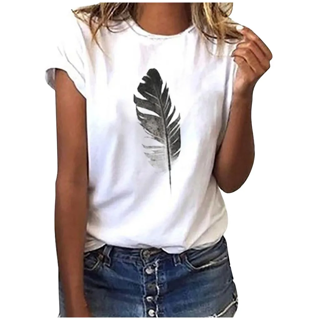 

2021 Women's T-shirt New Style Leaf Print Harajuku Short-sleeved O-neck Women Tshirt Lady Tops T Shirt Vogue Summer Feather Tops