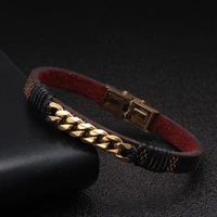 diy braided stainless steel chain link vintage bracelets men male sporty charm snake genuine leather bracelets