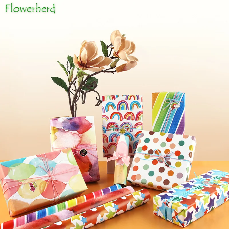 Christmas Gift Packaging Paper Rainbow Strips Flower Wrap Book Cover Background Paper