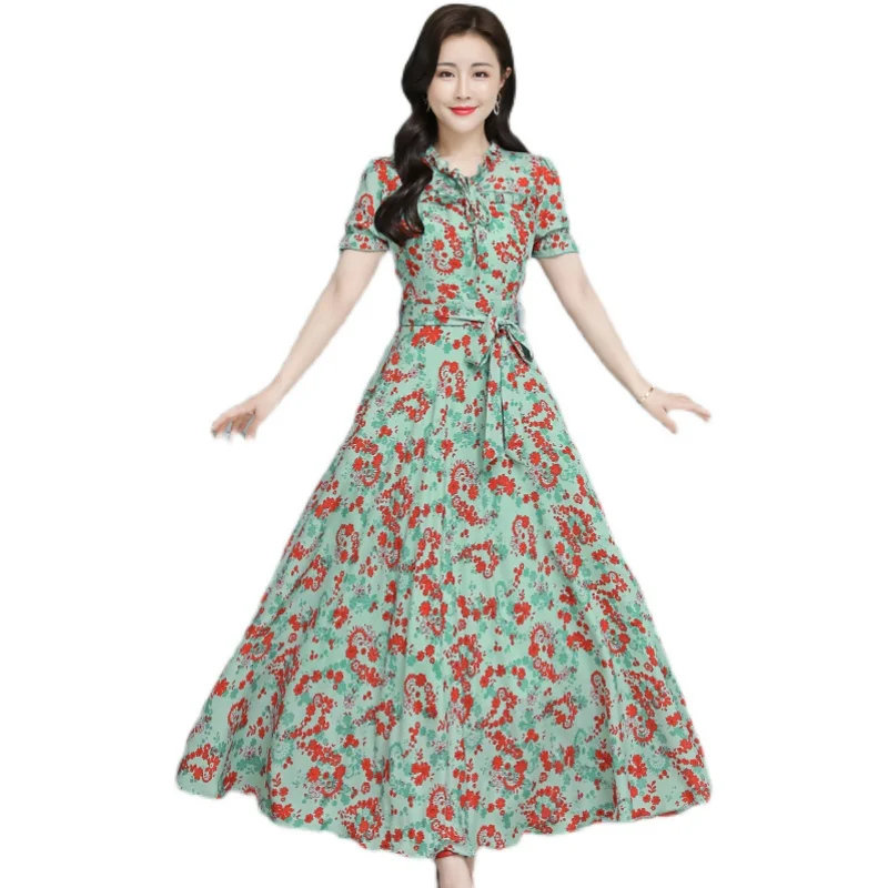 

COIGARSAM 3XL Plus Size Beach Style Floral Print Women Long dress New Summer Chiffon High Waist Dresses Red Green 2871