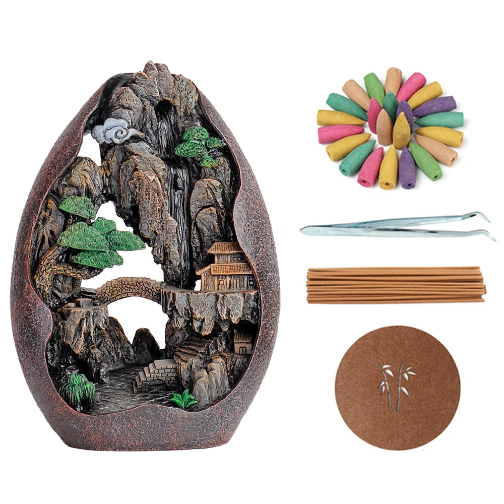

Resin Backflow Incense Burner With 20 Pcs Cones Mountain Shape Smoke Waterfall Incense Sticks Holder Office Home Desktop Decor