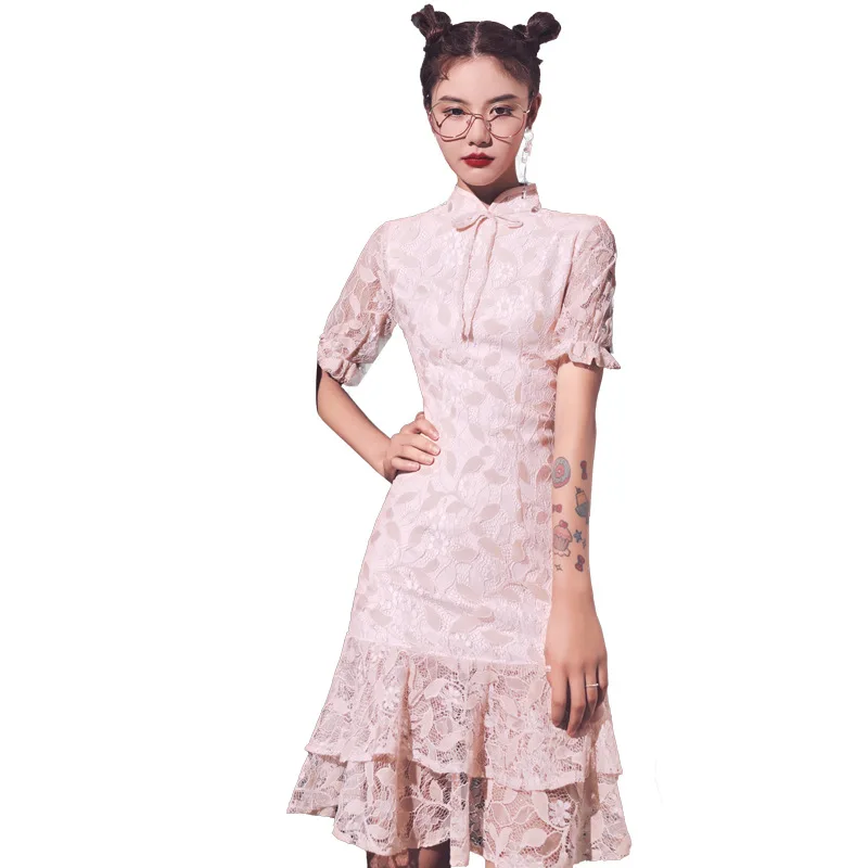 

Women Pink Mermaid Short Evening Dress Sweet Bud Sleeve Lace Cheongsam Skirt Slim Hollow Out Lace Floral Trim Wedding Party Gown