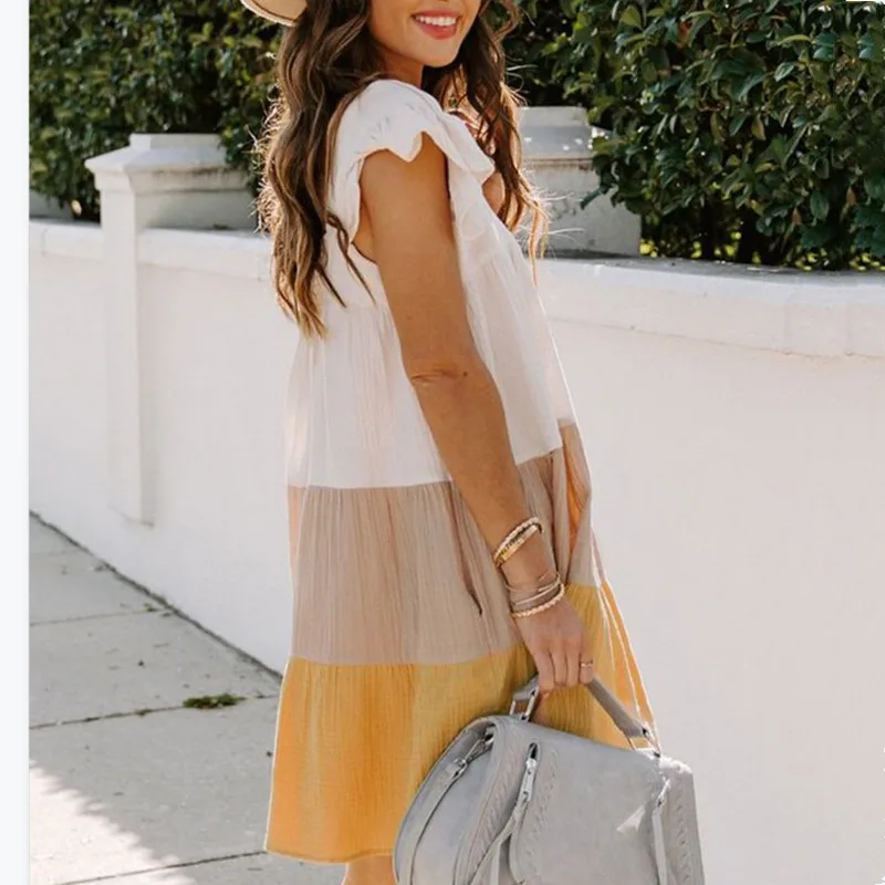 

Casual Loose Ruffle Stitching Pockets Mini Dresses For Women 2021 New Dress Color Matching Square Collar Large Swing Dress Femme