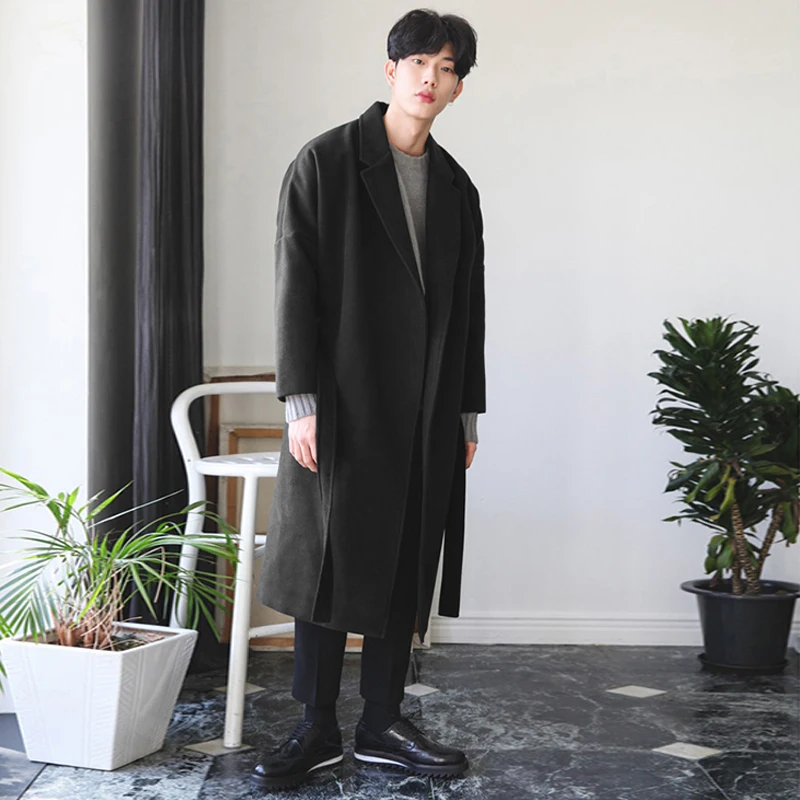 

M-4XL Winter Men Coats Warm Fake Wool Jackets Plain Long Sleeve Trench Coat Streetwear Fashion Men Long Trench Overcoats 2021