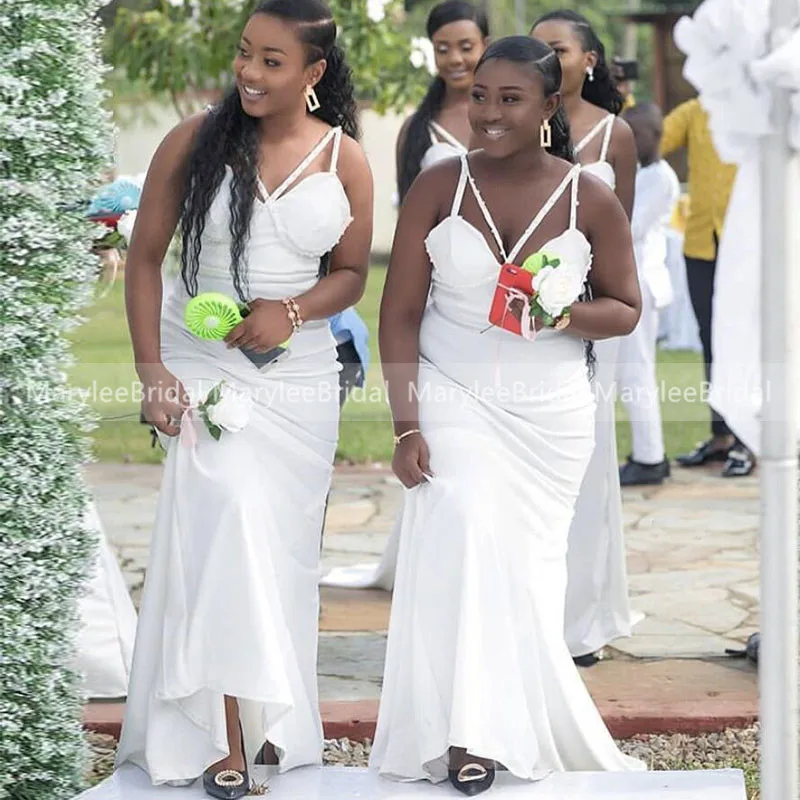

White Beaded Spaghetti Straps Bridesmaid Dresses Sexy African Women Mermaid Wedding Party Dress Cheap vestido de fiesta de boda