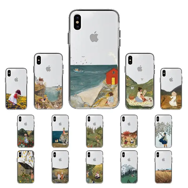 

YNDFCNB Cartoon Scenery Girl Phone Case for iPhone 11 12 13 mini pro XS MAX 8 7 6 6S Plus X 5S SE 2020 XR cover