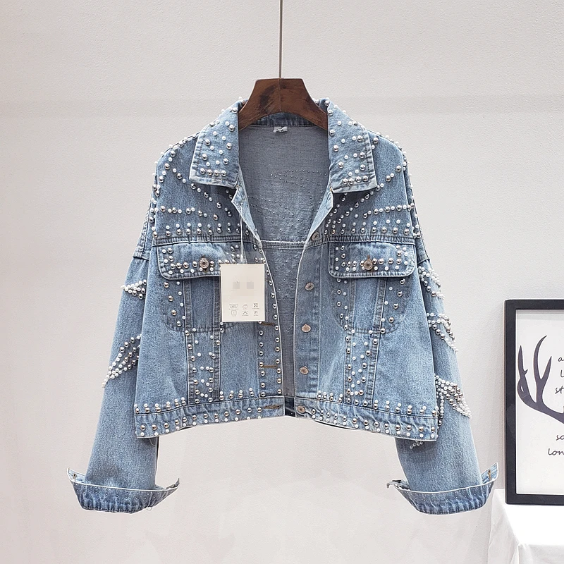 

Heavy 2020 Autumn Streetwear Beading Denim Jacket Women Solid Short Jeans Jackets Female Coat Casual Loose Outwear Tops