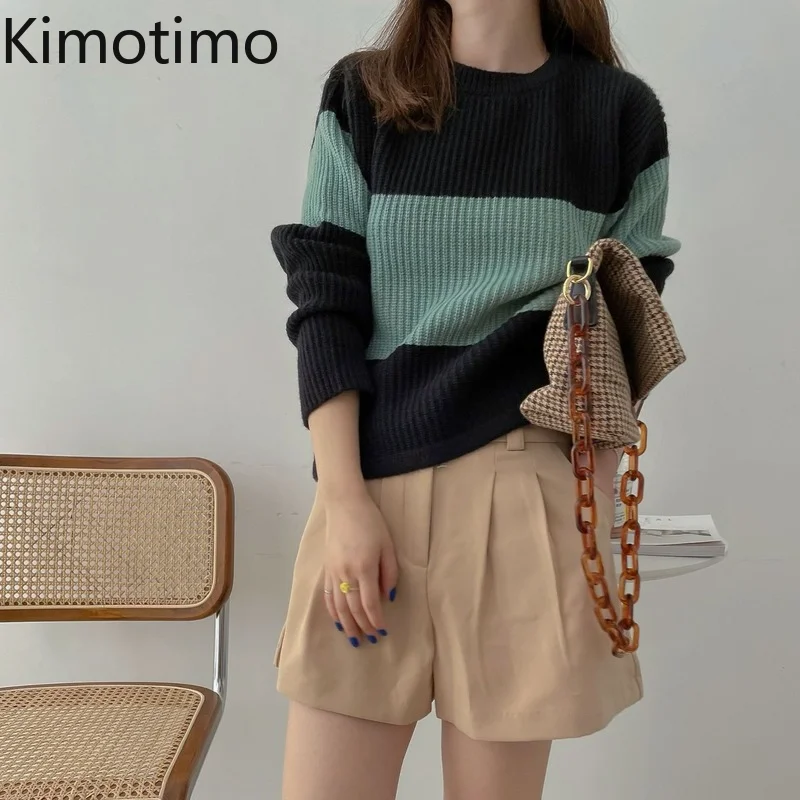 

Kimotimo Vintage Striped Sweater Women 2021 Autumn Lazy Loose O-neck Pullover Korean Casual Fashion Long Sleeve Knit Sweaters