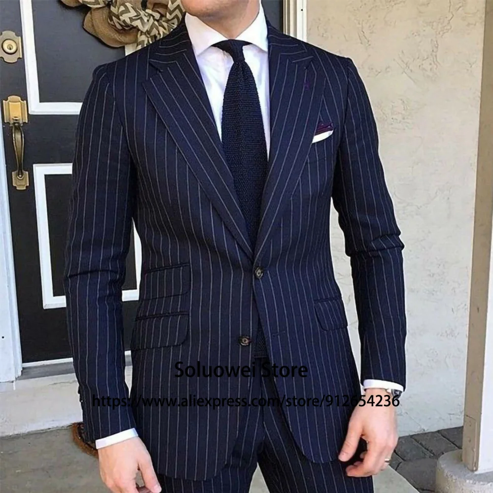 

Navy Blue Pinstripe Men Suits For Groom Wedding Slim Fit Tuxedo 2 Piece Jacket Pants Set Formal Business Stripe Blazer Masculino