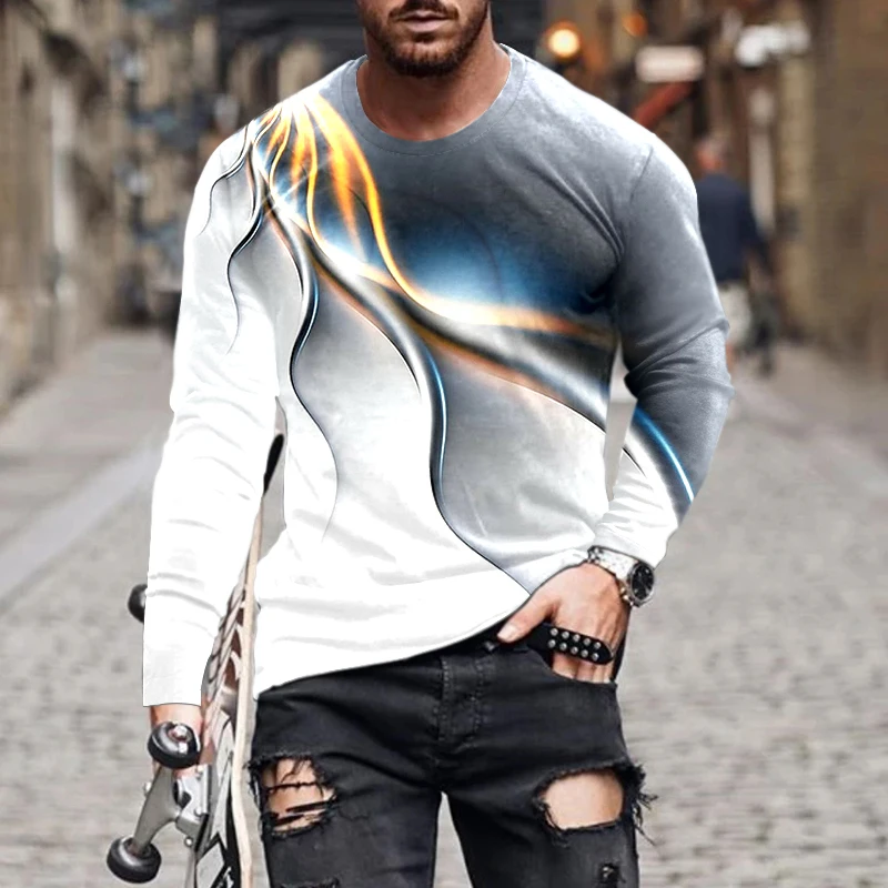 

European and American popular men's leisure sports 3D digital printing T-shirt Street trend 3D printing long sleeve T-shirt XS-6
