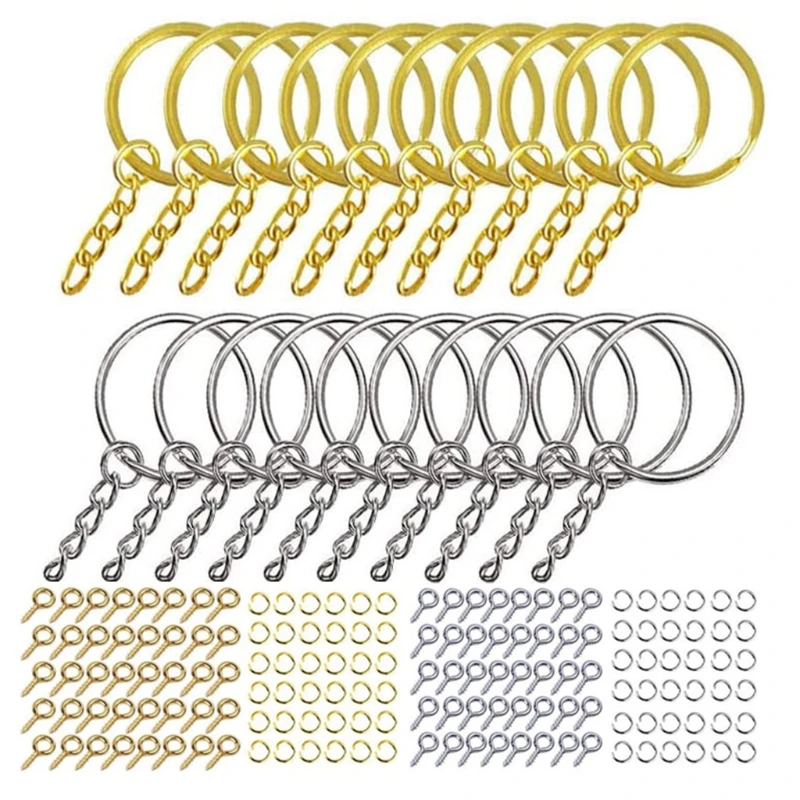 

220 Pcs Key Ring with Chain Jump Rings Screw Eye Pins Set for Resin DIY Crafts Jewelry Making Accessory
