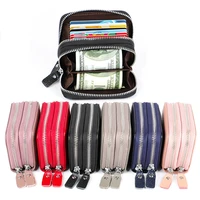 genuine leather women men card holder double zipper wallets female business credit cards case large capacity coin purses