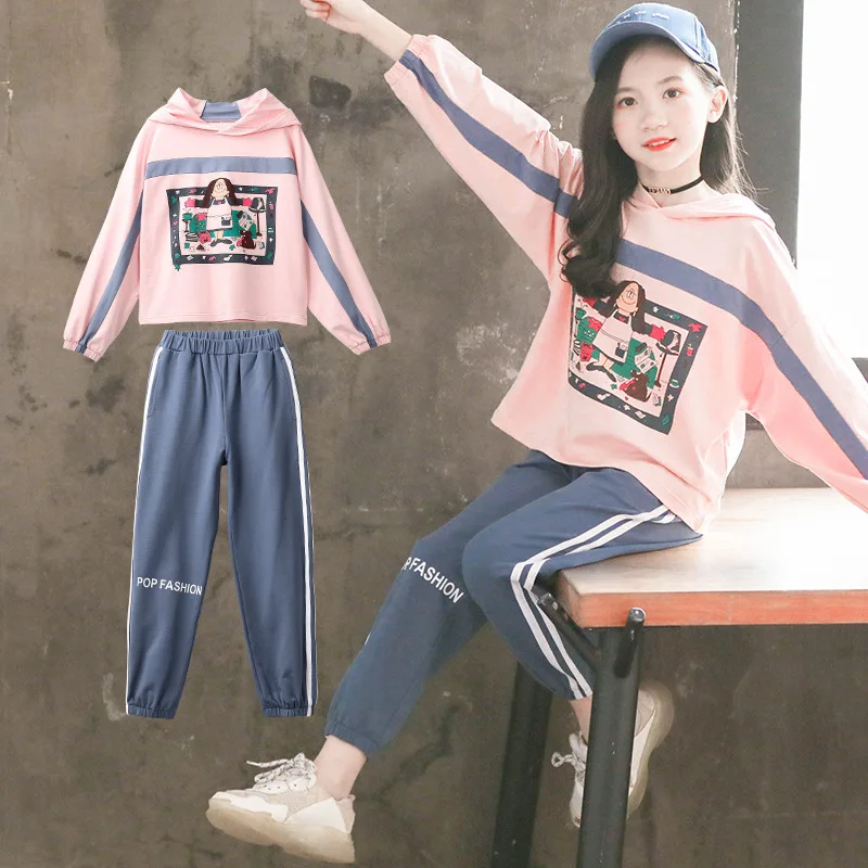 Весна 2020 толстовка с капюшоном и штаны для девочек мультяшным принтом комплект