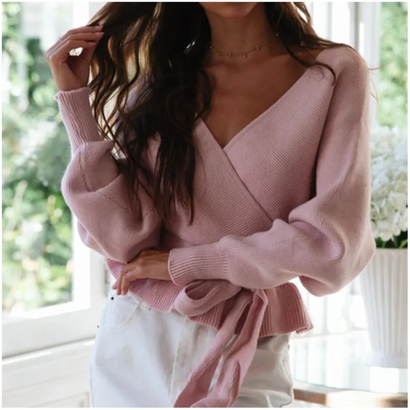 Belt Knit Sweaters Women Invierno 2019 Casual Sexy V-neck Long white Pink Green Fall Woman Pullovers | Женская одежда
