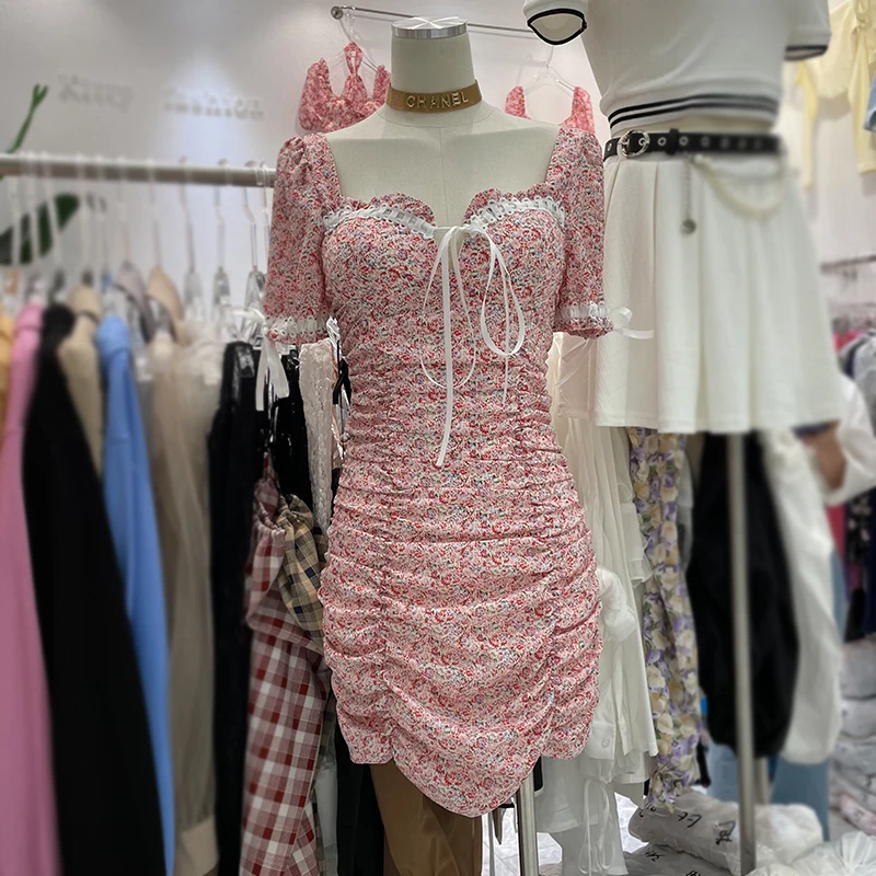 

Retro Elegant Floral Bodycon Mini Dress for Women 2021 Summer New Short Sleeve Wrapped Stacked Dress Office Lady Hip Vestidos