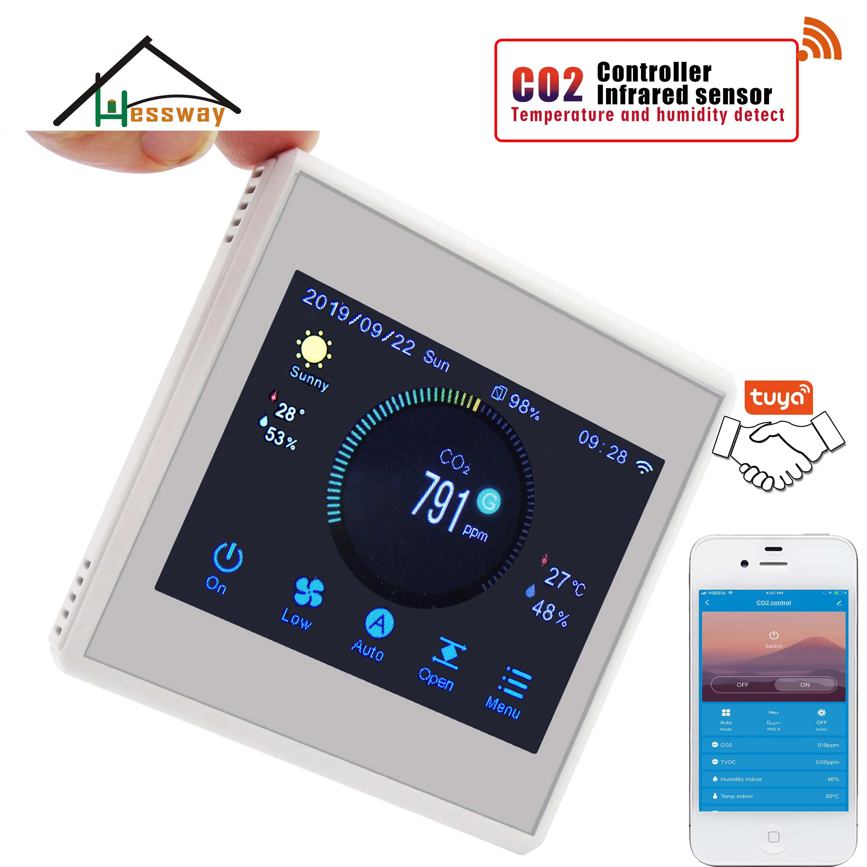 HESSWAY приложение TUYA Wi Fi Цвет сенсорный CO2 регулятор для 3 Скорость реле вентилятора