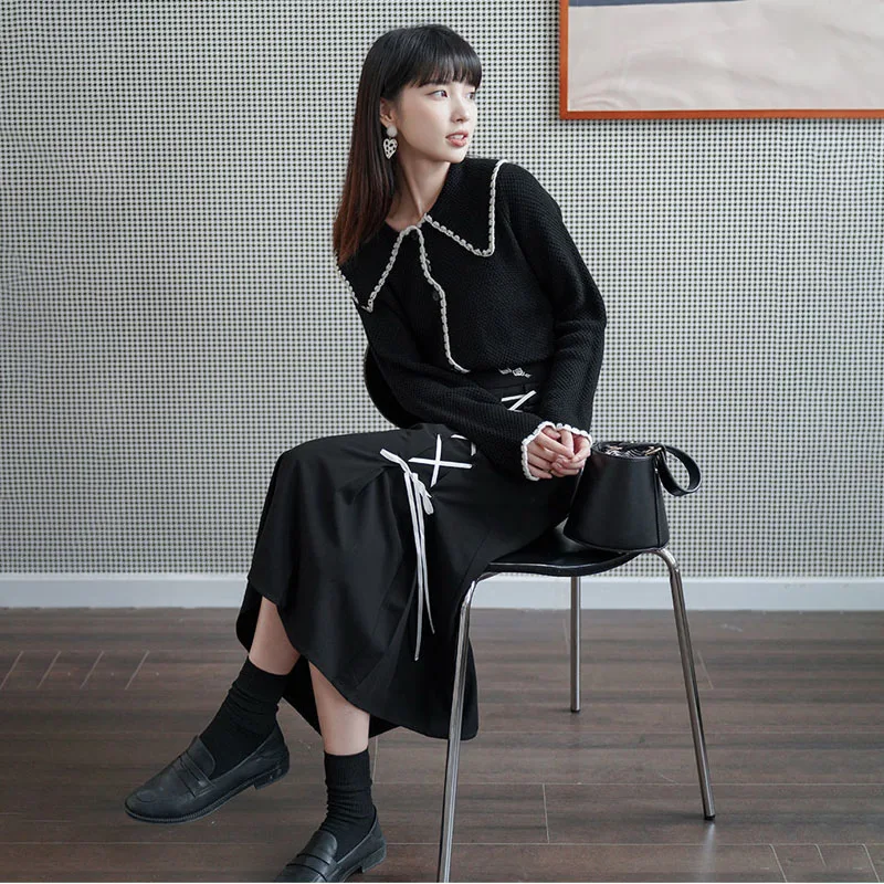 

Black Gothic Midi Skirts Women Autumn Long Elegant Designer Sikrt Female High Street Japan Korean Bangdage Skirts Women 2020 New