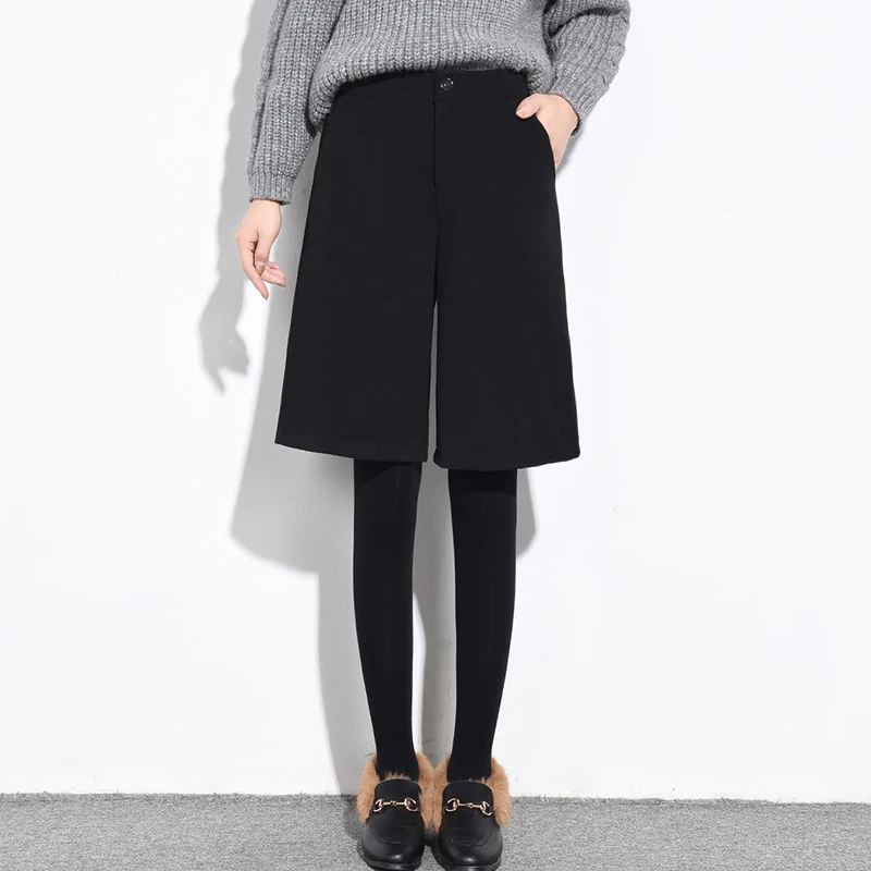 Wide Leg Half Long High Waist Women Shorts Autumn Winter Fashion All-match Wool Shorts Female Casual Black Gray Woolen Shorts