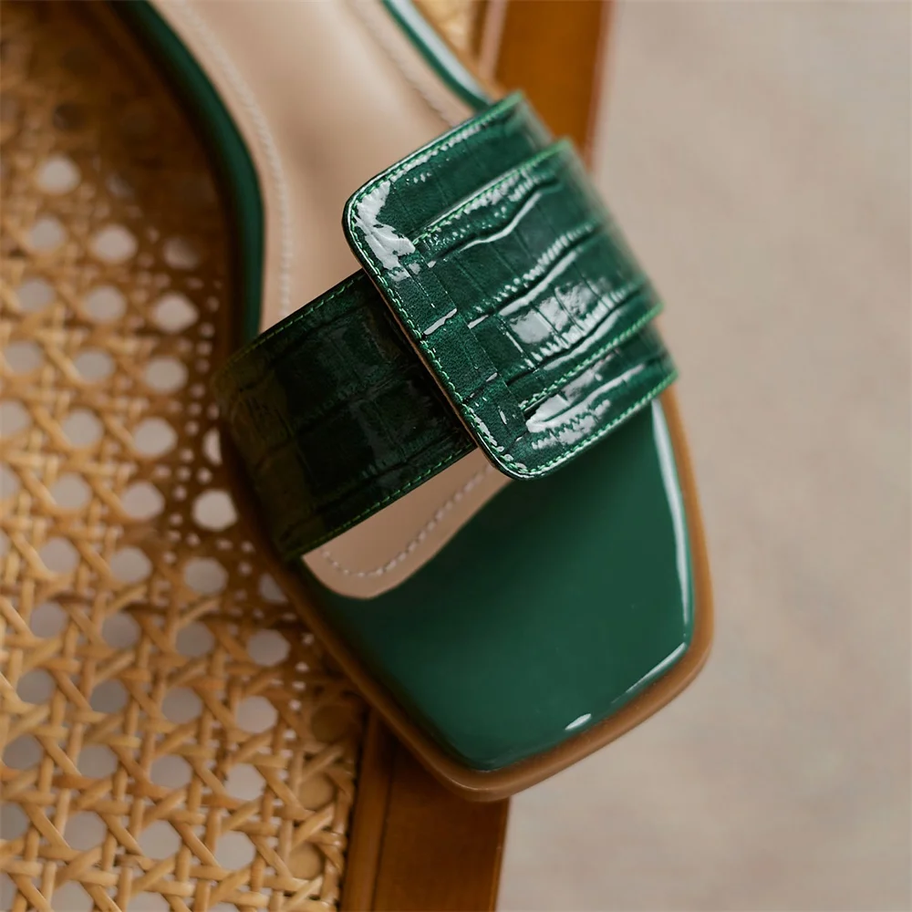 Kanseet Women Shoes 2021 Summer Genuine Leather Slippers Square Toe Casual Comfort Low Heels Green Beige Basic Female Footwear