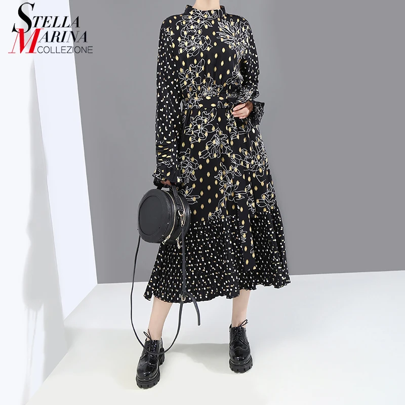 Новинка 2019 корейский стиль женское осенне зимнее длинное черное платье длинный