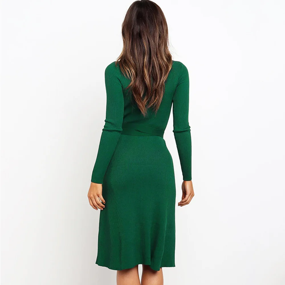 Осеннее черное однотонное Повседневное платье-свитер средней длины платья с