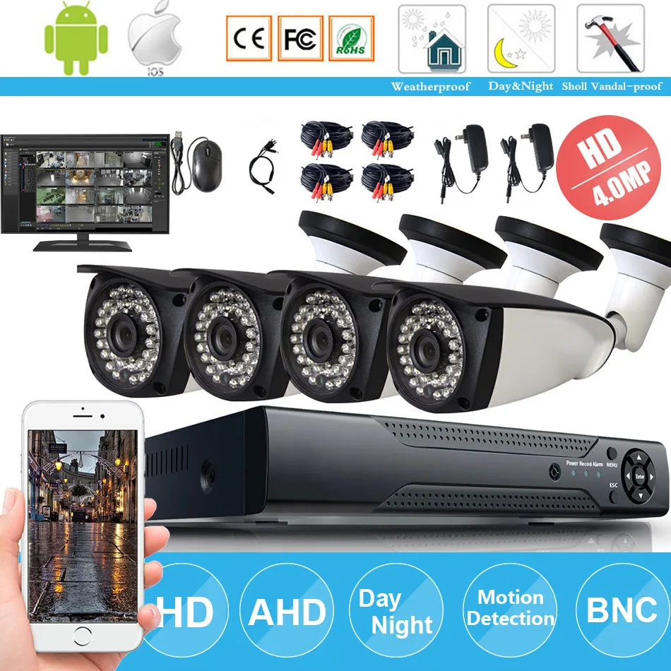 4CH система безопасности AHD DVR видеонаблюдения 4MP наружная внутренняя