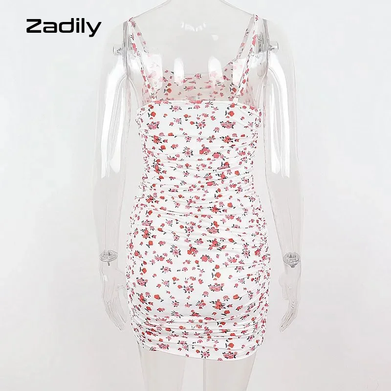 

Zadily 2021 Summer Spaghetti Strap Floral Dress Women Sexy Folds Sleeveless Bodycon Mini Dress INS Party Club Female Clothing