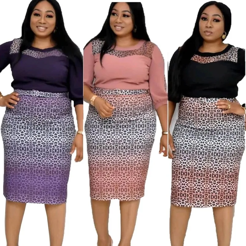 

2020 Spring Africa Clothing Women Dresses Mid-Calf Three Quarter Loose Office Lady Plus Size Dresses O-Neck Leopard Cotton Dress