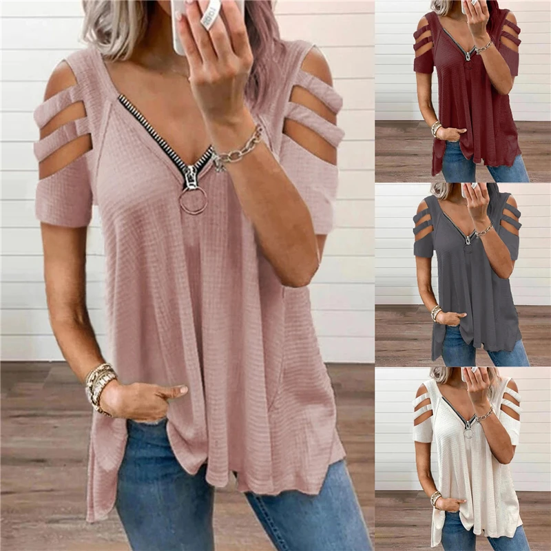 

Women Elegant Zip V Neck Short Sleeve Loose Tops Sexy Lady Hollow Out Solid Tee Shirt Streetwear Casual Shirt Blusa Dropshipping