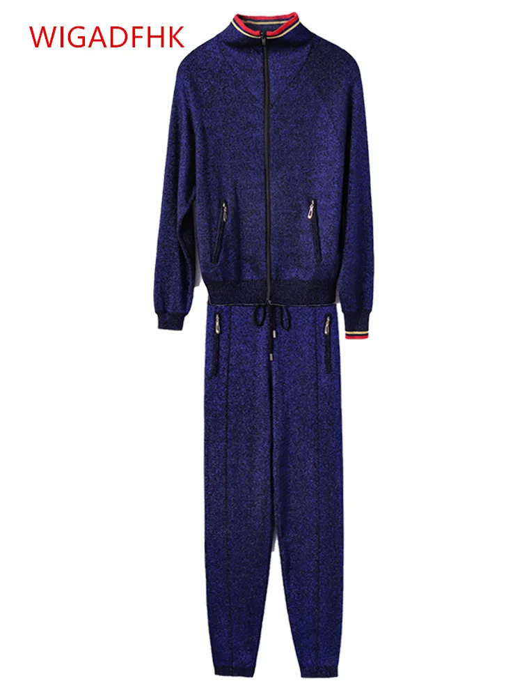 

2022Autumn And Winter New Knitted Suit Women's Gold Thread High Neck Jacket Casual Pants Fashion Sports Two-piece Suit