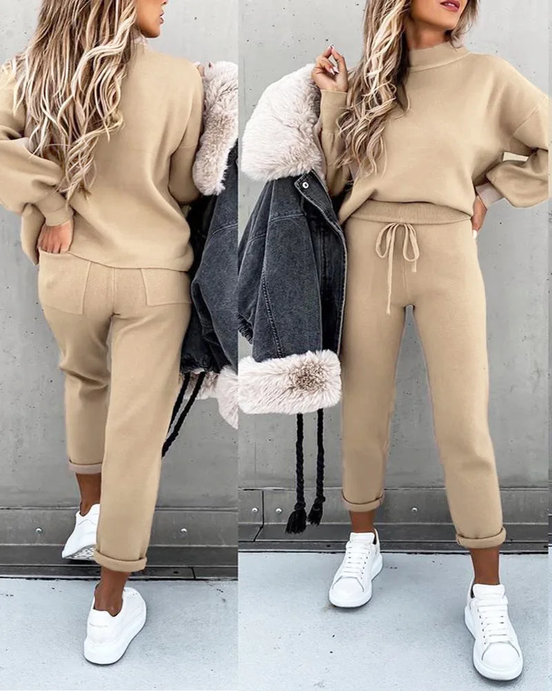 Pocket Trousers Casual Two-piece Set Autumn and Winter Sweater Women's 2020 Turtleneck Long Sleeve Leisure Suit Pullover Cotton