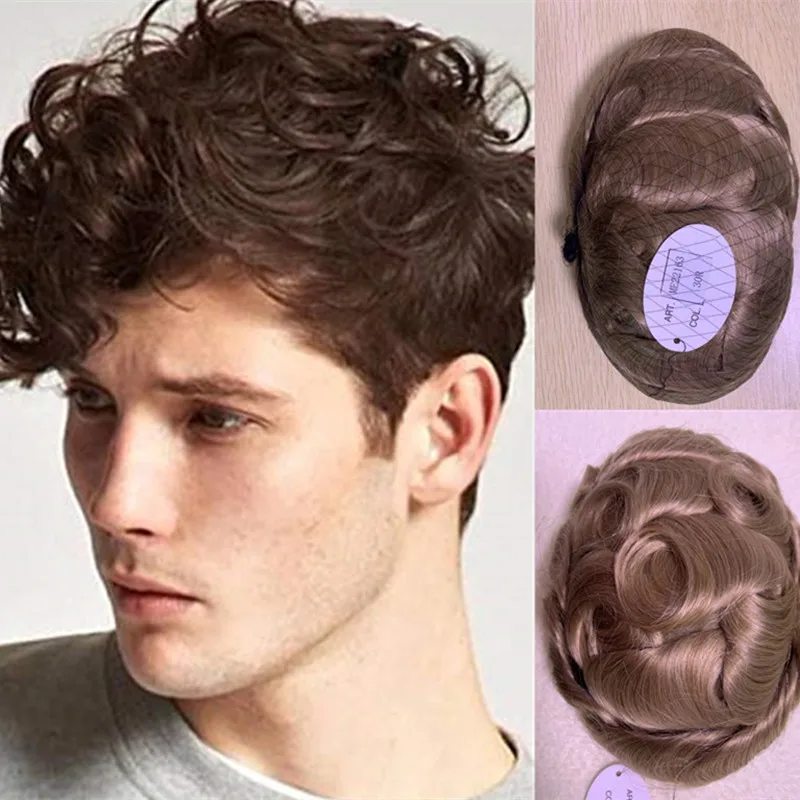 

Human Hair Full PU Toupee Men's Wig 6 inches Handmade Mens Wigs Dark Brown Toupee for Men Wigs Remy Hair Curly PU Wig