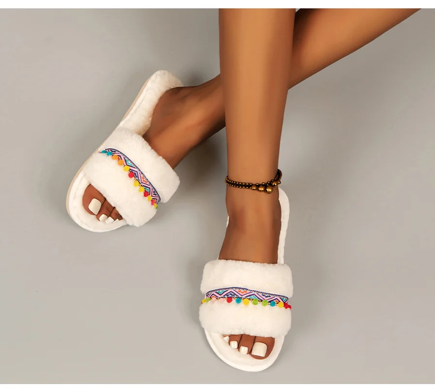 

New Student Outdoor Slippers Fashion One-word Wool Home Flat-bottom Non-slip Cotton Fluffy Women's Slippers for Pregnant Women