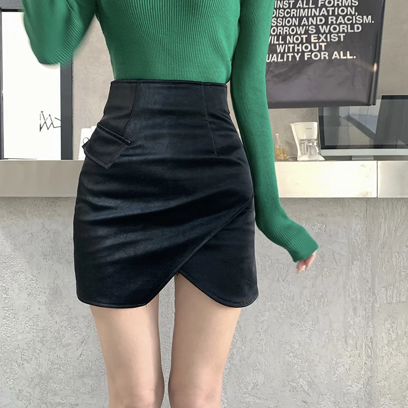 

Irregular slits women 2021 fashion design high waist leather skirts autumn and winter short skirts women's all-match skirts