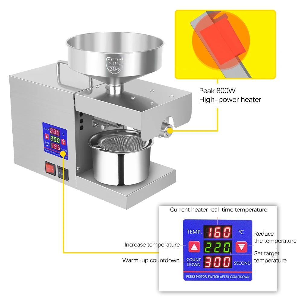 LTP333 610W Intelligent Stainless Steel Household Commercial Oil Press Machine with Digital Display 0~300℃ Temperature Control - купить по