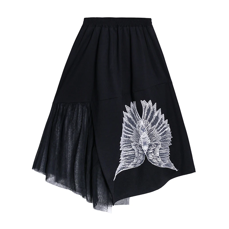 

XUXI A-Line Half-length Skirt Autumn Women High Waist Large Size Slim Fashion Embroidery Stitching Mesh Irregular Skirt FZ3175