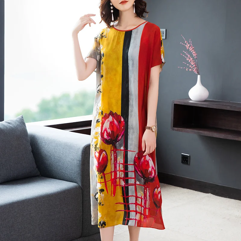 

Spring / Summer 2021 New Holiday Printed Chiffon Dress Loose Round Neck Short Sleeve Beach Dress