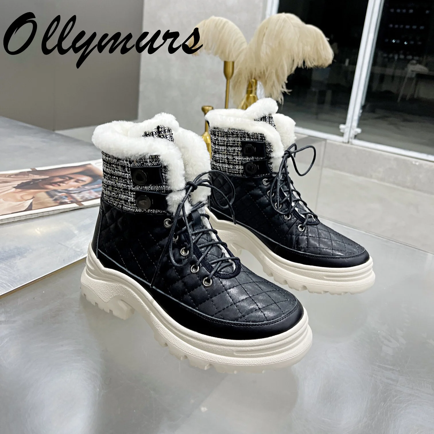 

Prowow New Cream Cozy Fur Winter Snow Boots Lace Up Luxury Designer Platform Boots Female Women Shoes