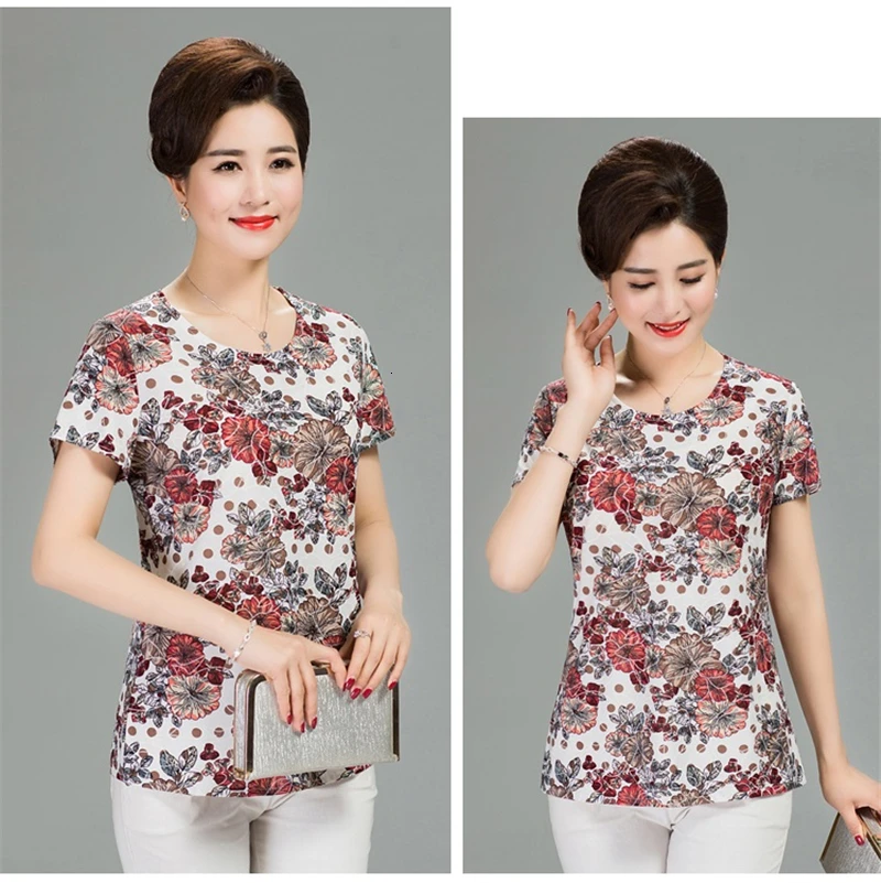 Для женщин Летняя футболка с принтом из молочного шелка с короткими Для женщин футболка для мам среднего возраста; одежда Большие размеры L-4XL женские топы
