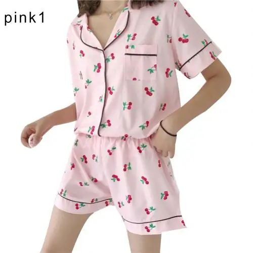 Pink 1 2 шт./компл. из плотной ткани модное Для женщин Стильная футболка с изображением персонажей видеоигр узор, хлопок, одежда для сна, милые отложной воротник короткий рукав Топ Короткие шорты пижамный комплект - Цвет: Pink 1