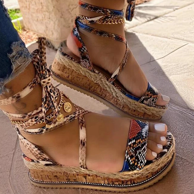 

Sarairis Wedges heels Fashion 2020 Big Size 43 Wholesale Shoelaces Snake Printed Summer Hot Shoes Women Sandals