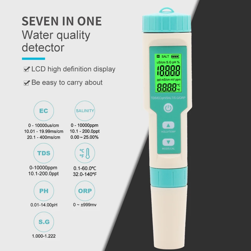 PH метр TDS EC ORP 7 в 1 минерализация S. Цифровой измеритель температуры воды тестер для