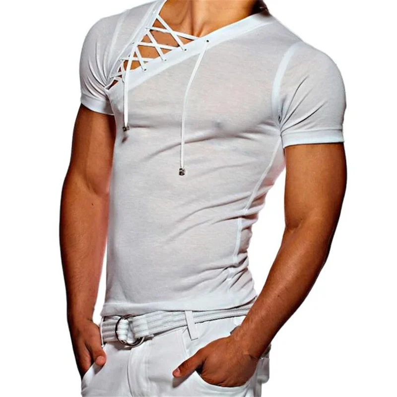 Футболка мужская с коротким рукавом на завязках дышащая приталенная весна лето