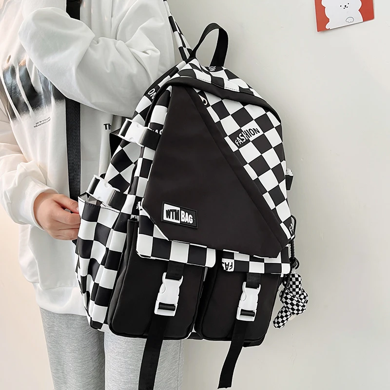 

Women Portable Checkered School Backpack for Teenager Medium Daypack Casual Plaid Backpacks Fashion Girls big Shoulder Bags