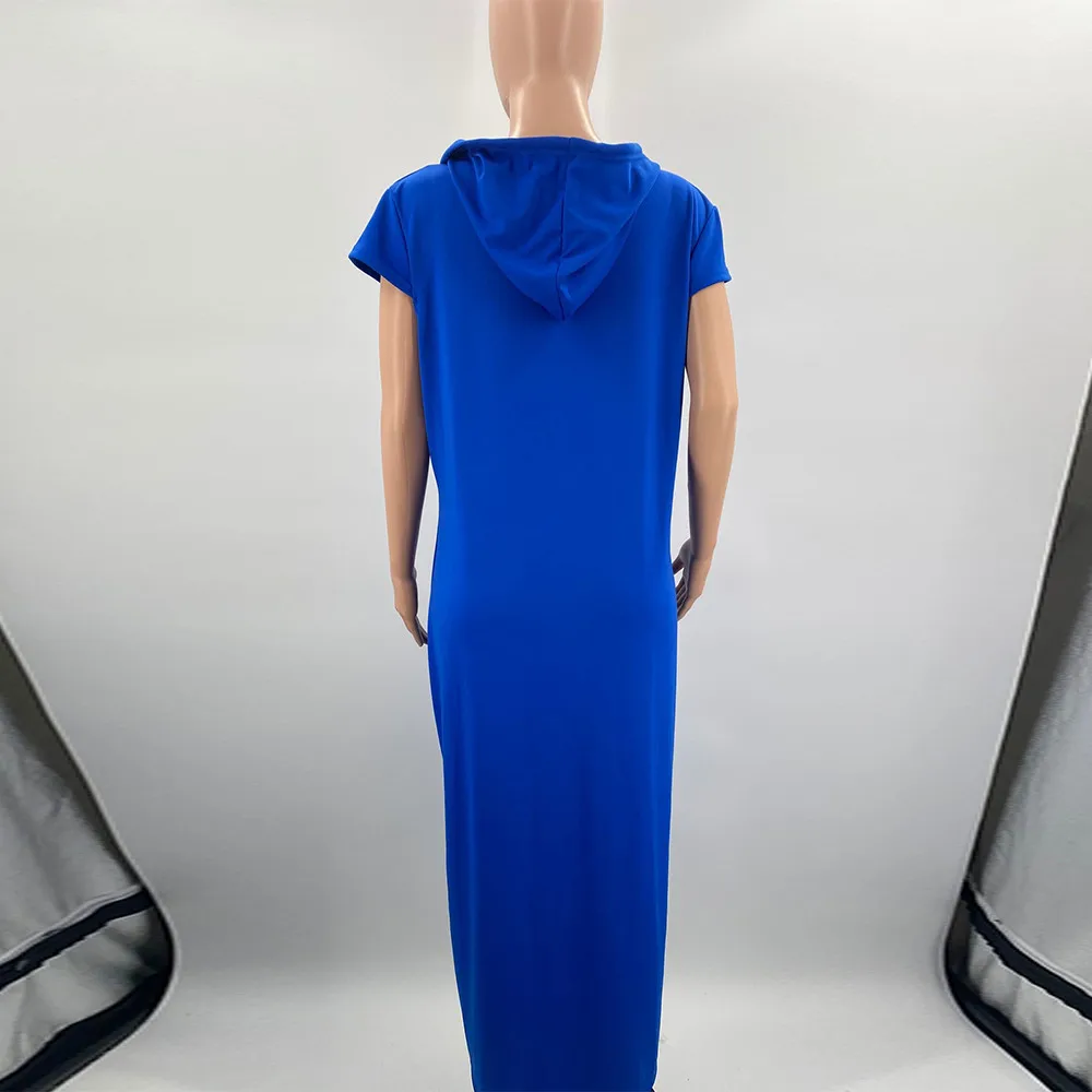 

L-4XL Large Size Hooded Short Sleeve Dresses for Women Drawstring Side High Split Loose Dress Office Lady Solid Oversize Dress