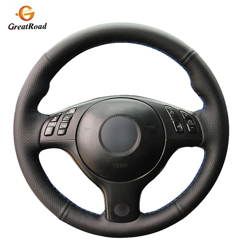Рука сшитый черный натуральная кожа чехол рулевого колеса автомобиля для BMW E46 E39