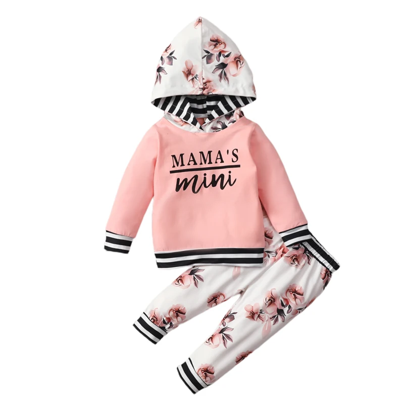 

Pudcoco 6M-4T 2Pcs Tracksuit Striped Letter Print Hooded Collar Long Sleeve Hoodie Tops+Floral Pants Clothes Sets Sleepwear