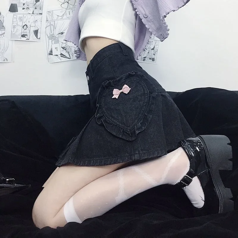 

Gothic black skirt Japan Harajuku bow love pocket denim skirt female punk streetwear high waist sexy vintage mini A-line skirt